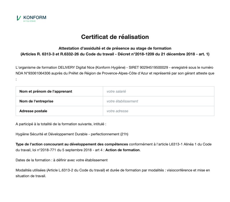 Exemple de certificat de réalisation Konform Hygiène, sans données personnelles